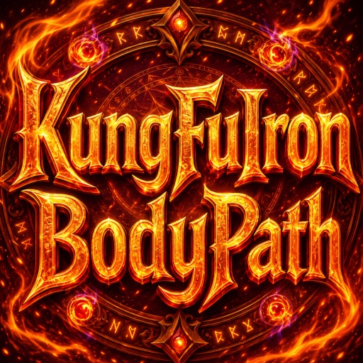 Iron Body Path app icon: the title in molten gold on a lacquered red seal